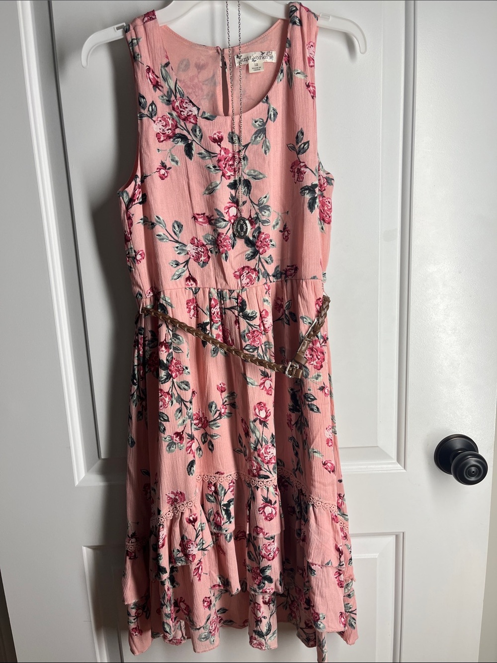 Girls Pink Floral Sleeveless Dress with necklace and belt Knitworks size 12